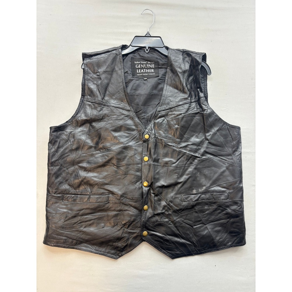 Navarre Leather Italian Stone Design Patchwork Biker Vest Black XXL Brass Snaps